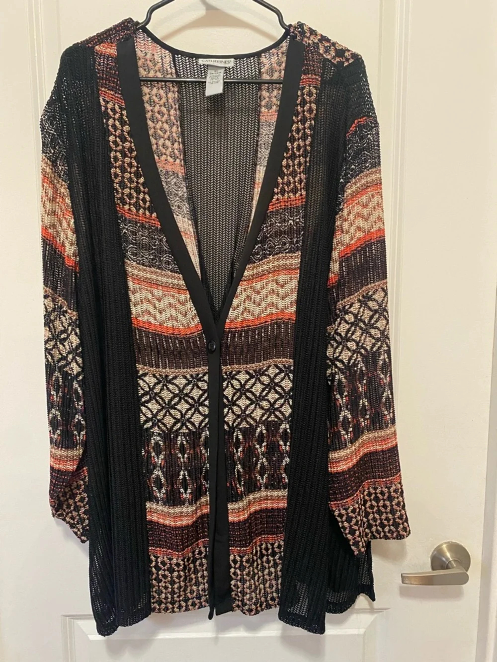 Catherines Black Multi-Pattern Open-Front Cardigan